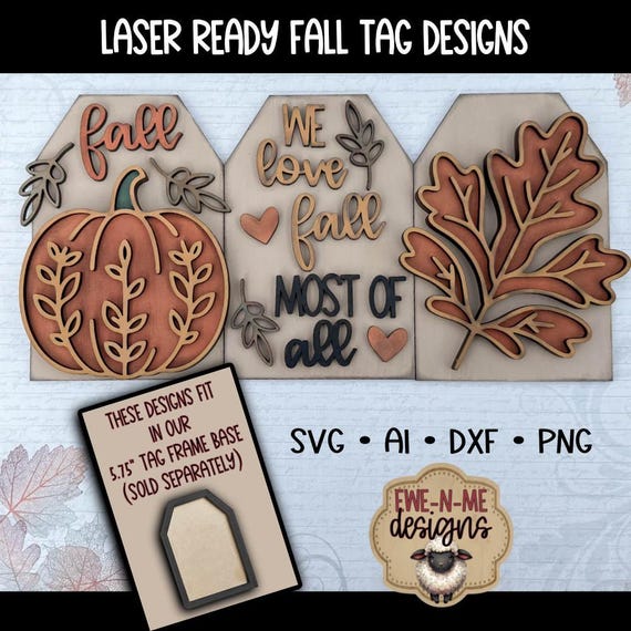 Laser Cut Fall SVGs - Tag Insert Files for Interchangeable Frame, Tiered Tray DIY Decor, Digital Download - Fall Leaves, Pumpkin, Love Fall