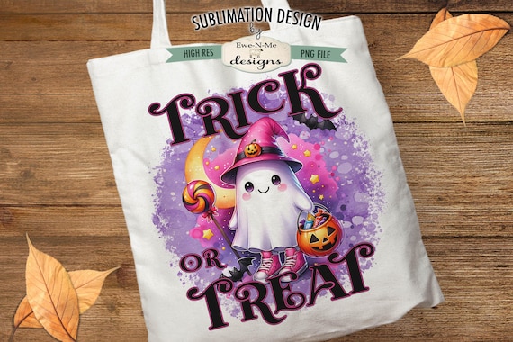 Trick or Treat Cute Ghost with Pink High Tops Sublimation Design | Halloween Ghost with Pink Witch Hat Trick or Treat Tote Bag Design