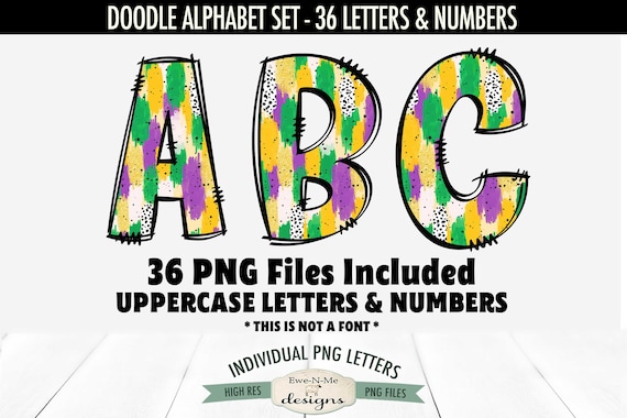 Mardi Gras Doodle Alphabet & Numbers | 36 PNG Files | Individual Letters and Numbers in PNG format Brush Stroke Letters and Numbers