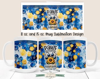 Pawsitively Adorable Sunflower Paw Print Mug Design - Sunflowers Pawprint -  Dog Lover 11 and 15 oz. Mug Sublimation Wrap PNG