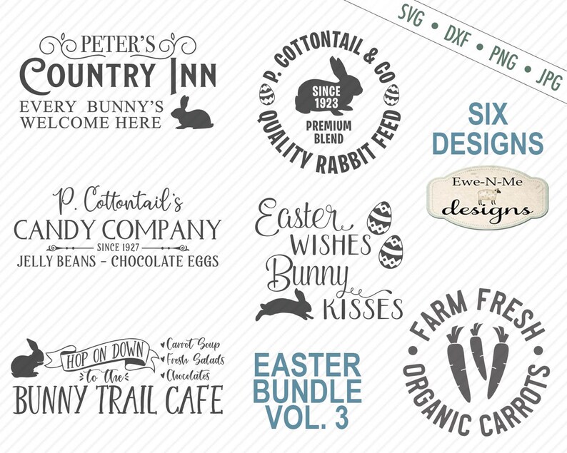 Puede incluir: Seis dise&ntilde;os con tem&aacute;tica de Pascua con conejos, zanahorias, huevos y texto. Los dise&ntilde;os incluyen "Peter's Country Inn", "P. Cottontail's Candy Company", "Easter Wishes Bunny Kisses", "Hop on Down to the Bunny Trail Cafe", "P. Cottontail & Co. Quality Rabbit Feed" y "Farm Fresh Organic Carrots".