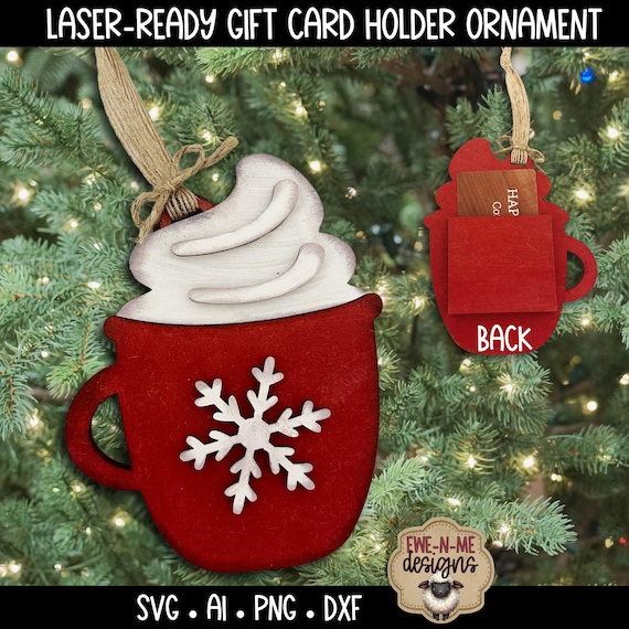 Laser-Ready Hot Cocoa Ornament SVG | Holiday Gift Card Holder | Christmas Laser File