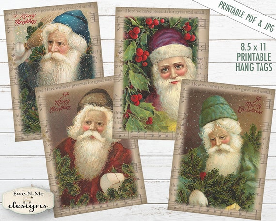 Printable Christmas Tags - Old Santa - Father Christmas - Printable Hang Tags - Sheet Music Santa - Commercial Use PDF and JPG File Included