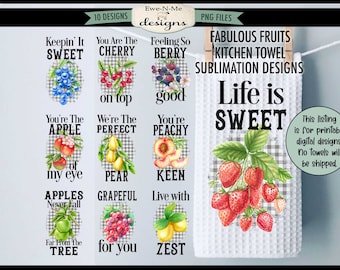 Assorted Fruit Towel Sublimation Bundle -  Ten Colorful Fruit Kitchen Towel Sublimation Designs - Fruit Sublimation Dish Towel Designs
