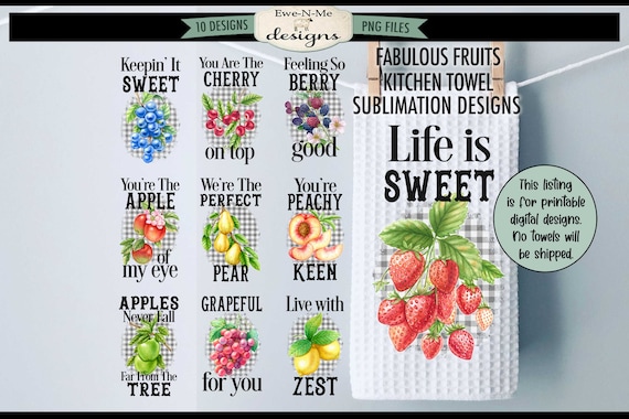 Assorted Fruit Towel Sublimation Bundle -  Ten Colorful Fruit Kitchen Towel Sublimation Designs - Fruit Sublimation Dish Towel Designs