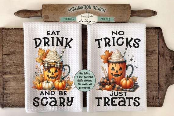 Jack O Lantern Mugs Kitchen Towel Sublimation Design - Kitchen Towel with Jack O Lantern Mug and Pumpkins Sublimation Designs