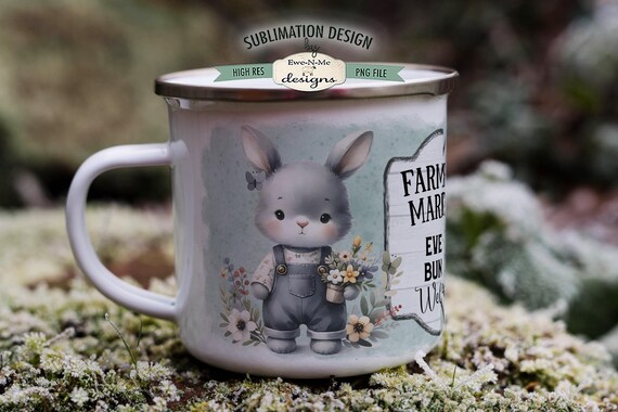 Farmers Market Bunny in Overalls Spring  Sublimation Design for Mugs Spring Mug Designs - Printable 11 oz. & 15 oz. Mug Sublimation Wrap PNG