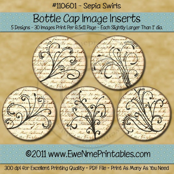 Sepia Swirls and Flourishes Printable Bottle Cap Images - 1 inch Round images - Digital PDF and/or JPG File - 4x6 jpg file also included