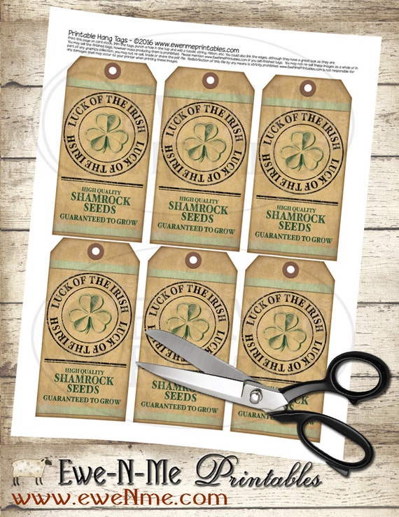 St Patricks Day Tags - Luck of the Irish Shamrock Seeds Tag - Rustic Farmhouse Primitive Style - Printable Digital PDF or JPG File