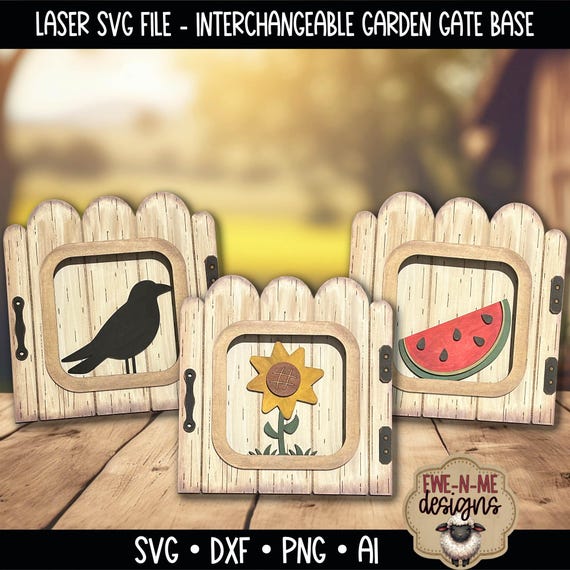 Interchangeable Garden Gate Frame with 3 Slide-In Designs - Crow Watermelon Sunflower -  Shelf Sitter Laser Cut File
