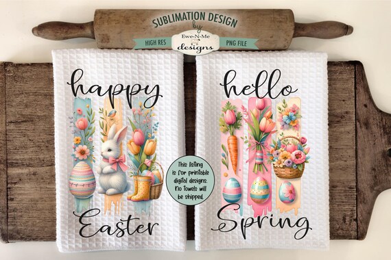 Easter Brush Strokes Sublimation Design for Kitchen Towels -  Happy Easter - Easter Bunny, Basket, Eggs Brush Strokes Towel Designs