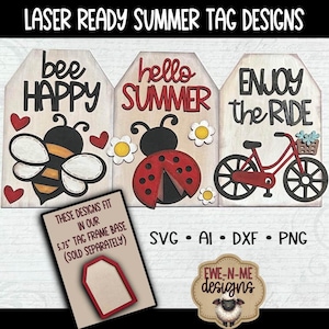 SVG estivi tagliati al laser - File di inserimento tag per cornice intercambiabile, decorazioni fai da te per vassoi a più livelli, download digitale - Coccinella, bicicletta e ape