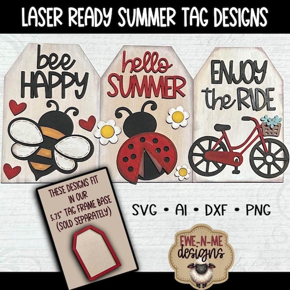 Laser Cut Summer SVGs - Tag Insert Files for Interchangeable Frame, Tiered Tray DIY Decor, Digital Download - Ladybug, Bicycle and Honey Bee