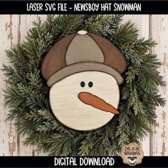 Primitive Newsboy Hat Snowman Face Laser Ready SVG File, Newsboy Hat Snowman, Winter Snowman Wreath Attachment, DIY Laser Cut File