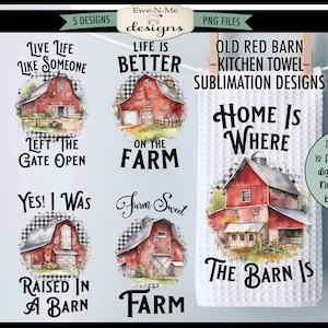 以下が含まれることがあります： 赤い納屋とさまざまなことわざを特徴とする5つの昇華デザイン。デザインには、「Live Life Like Someone」、「Life Is Better On The Farm」、「Left The Gate Open」、「Yes! I Was Raised In A Barn」、「Home Is Where The Barn Is」が含まれています。