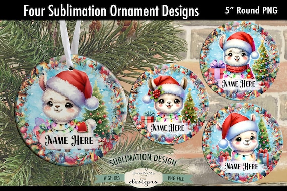 Cute Llama with Christmas Lights Ornament Designs PNG Files | Four Llama Ornament Designs with Bright Christmas Border