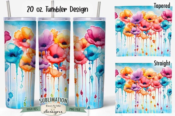 Dripping Watercolor Poppies Tumbler Design | Watercolor Rainbow Poppies Dripping Tumbler Wrap | Colorful Dripping Poppies Tumbler PNG