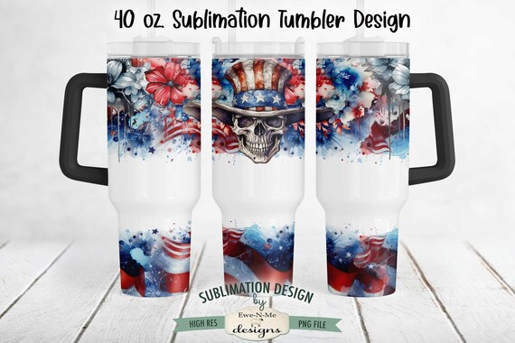 40 oz Patriotic Skull Sublimation Tumbler Design | Skull with Flag and Flowers Design for 40 oz. Tumbler | July 4th Skull Tumbler Design