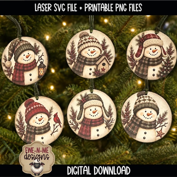 Snowman Ornament Bundle - Laser SVG Files - Printable PNG Designs - Christmas Sticker Files - Primitive Snowmen - Digital Download