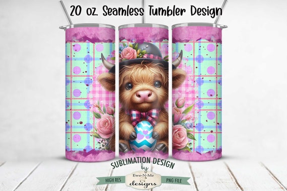 Cute Easter Highland Cow with Easter Egg Tumbler Wrap Design  - SEAMLESS Easter Highland Cow Sublimation 20 oz. Tumbler Wrap Straight Design