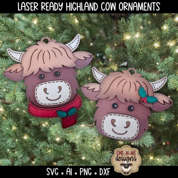 Layered Highland Cow Ornament Set SVG | Laser Ready Christmas File | Christmas Cows Digital Download