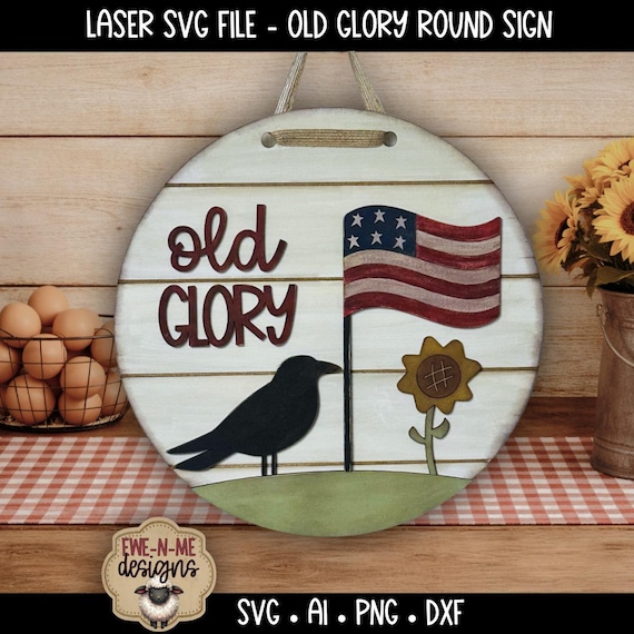 Old Glory Round Sign Laser File - Patriotic Crow Sunflower Door Hanger SVG - Wood Sign SVG - Americana Decor