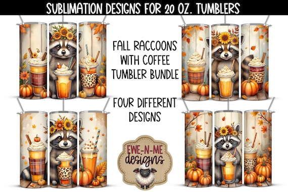 Fall Raccoon Tumbler Wrap Bundle – Set of 4 PNGs – Pumpkin Spice Coffee Animal Designs – 20oz Skinny Tumbler Sublimation Wraps