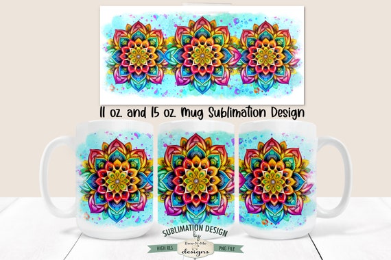 Colorful Blue Mandala Sublimation Mug Design - Rainbow Mandala Mug Design -  Printable 11 oz. and 15 oz. Mug Sublimation Wrap PNG