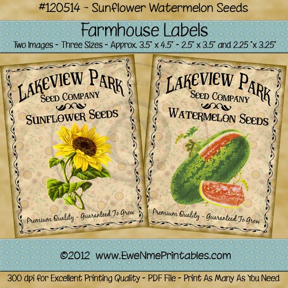 Sunflower Seed Watermelon Seed Printable Farmhouse Labels - Primitive Rustic Style Labels - Digital PDF or JPG File