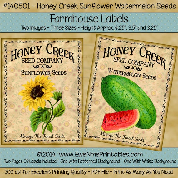 Sunflower and Watermelon Seed Pack Farmhouse Label Printables - Honey Creek Watermelon, Sunflower Seeds - Honey Creek Seed Co. -  PDF or JPG