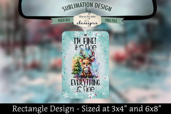 Reindeer Tangled in Lights Rectangle Sublimation Design - Air Freshener Sublimation Design -  I'm Fine It's Fine Everything is Fine