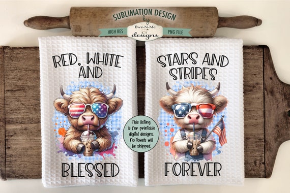 Patriotic Cows with Iced Coffee Sublimation Design for Kitchen Towels -  July 4th Kitchen Towel Designs - Red White Blue Towel Designs