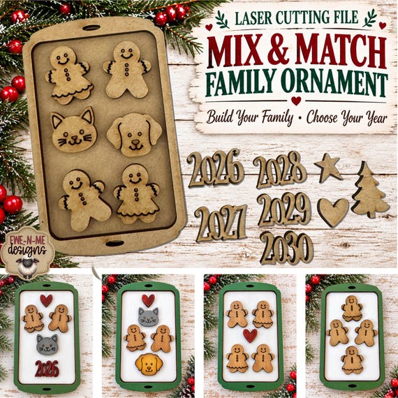 Laser Ready SVG File - Mix & Match Family Ornament - Gingerbread Family Christmas Ornament Laser Cut File