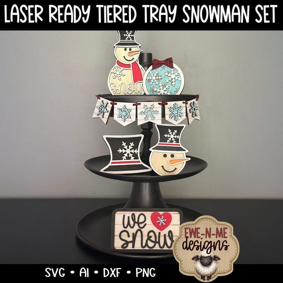 Snowman Tiered Tray Laser Cut File Set | Winter Farmhouse Decor svg, dxf, ai, png | Compatible with Glowforge & Lightburn and more