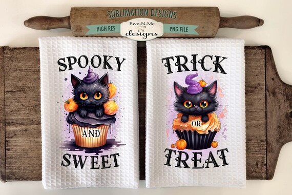 Halloween Cupcakes Kitchen Towel Sublimation Design -  Kitchen Towel Black Cat Cupcakes Sublimation Designs - Halloween Kitchen Designs