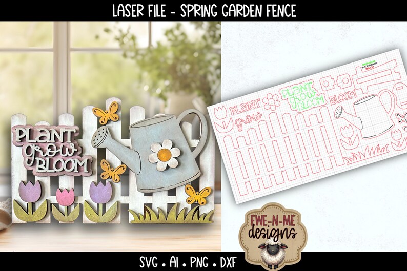 Spring Word With Pattern Spring Garden Fence Sign Laser Cut File - Watering Can Tulips Butterfly ...