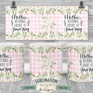 Mother&#39;s Day Sublimation Mug Design - Pink Plaid with Flowers - Printable 11 oz. and 15 oz. Mug Sublimation Wrap PNG