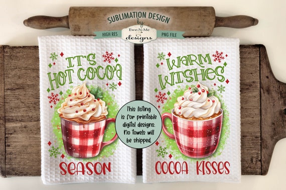 Red Plaid Cocoa Mug Kitchen Towel Sublimation Design -  Hot Cocoa Warm Wishes - Christmas Mug Towel Designs - Christmas Kitchen Towel PNG