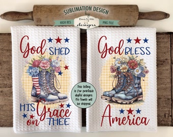 Patriotic Boots with Flowers Sublimation Design for Kitchen Towels -  July 4th Kitchen Towel Designs - Red White Blue Towel PNG Designs