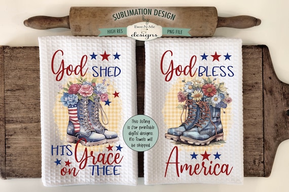 Patriotic Boots with Flowers Sublimation Design for Kitchen Towels -  July 4th Kitchen Towel Designs - Red White Blue Towel PNG Designs