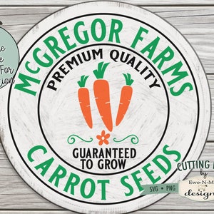 McGregor Farms Carota Semi SVG - File di taglio del segno della fattoria primaverile - Semi di carota pasquale PNG Design da utilizzare per la sublimazione