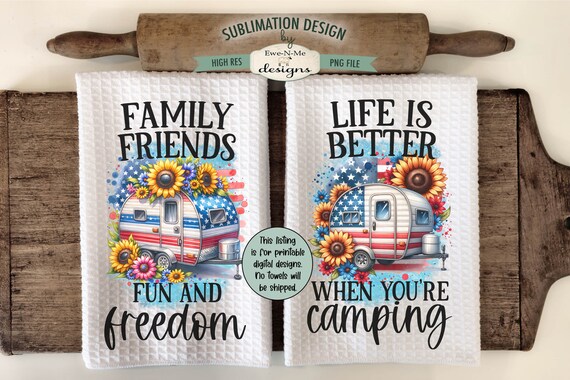 Patriotic Campers Sublimation Design for Kitchen Towels - July 4th Kitchen Towel Designs - Red White Blue Towel PNG Designs