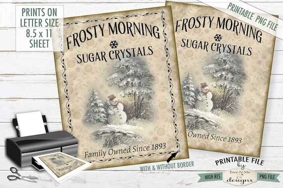 Farmhouse Printables - Printable Label Sheet - Frosty Morning Sugar Crystals with Vintage Snowman - Full Sheet Printable