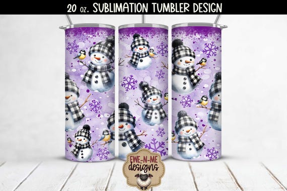 Purple Buffalo Plaid Snowmen 20 oz SEAMLESS Tumbler Sublimation Design - Snowman with Snowflakes -  Christmas Digital Download