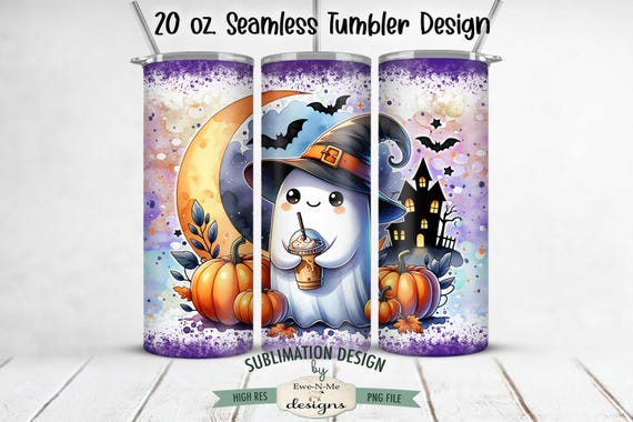 Halloween Ghost With Iced Coffee Sublimation Design | Cute Ghost In Witch Hat Tumbler Wrap | 20 oz. Seamless Halloween Tumbler Wrap