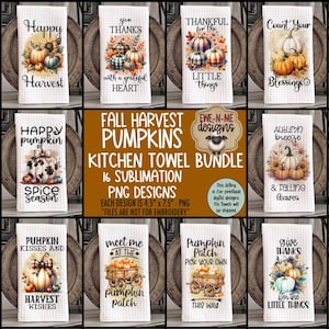 Fall Harvest Pumpkin Sublimation Designs: Autumn Kitchen Towel PNG Bundle (Digital Download)