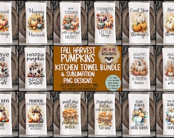 Fall Pumpkin Sublimation PNG Bundle - 16 Autumn Kitchen Towel Designs - Harvest PNG Files - Digital Download