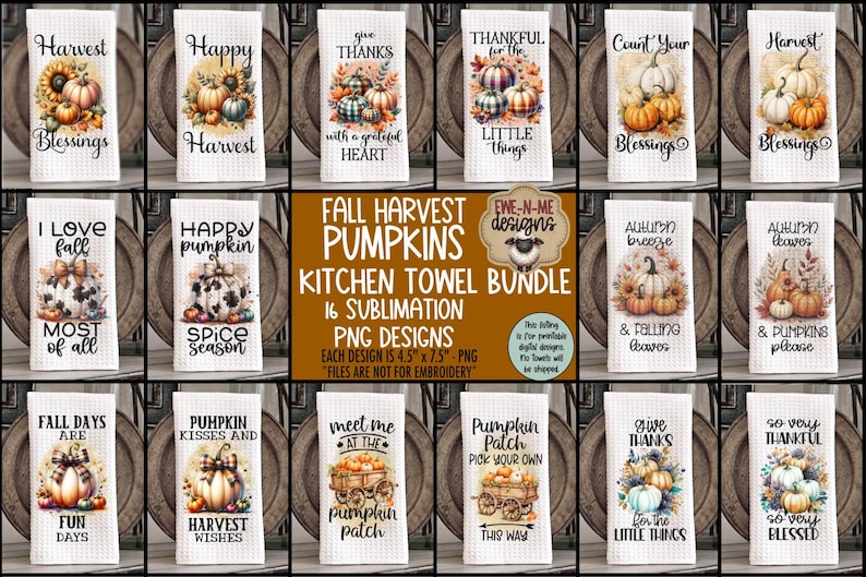 Höstpumpa sublimering PNG-paket - 16 höstkökshandduksdesigner - Skörd PNG-filer - Digital nedladdning bild 1