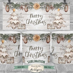 Christmas Tree Mug Sublimation Design  | Rustic Christmas | Printable 11 oz. and 15 oz. Mug Sublimation Wrap PNG
