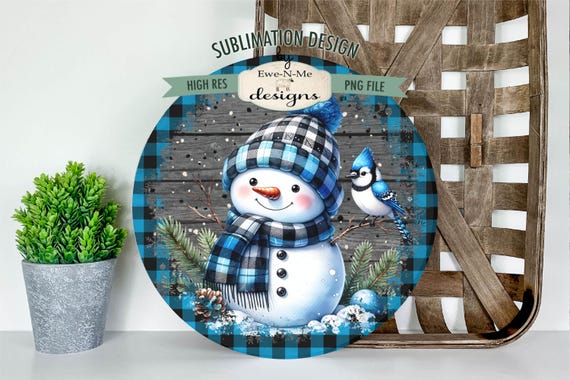 Snowman Round Sublimation Design | Blue Buffalo Plaid Snowman | Snowman and Bird Sublimation Design